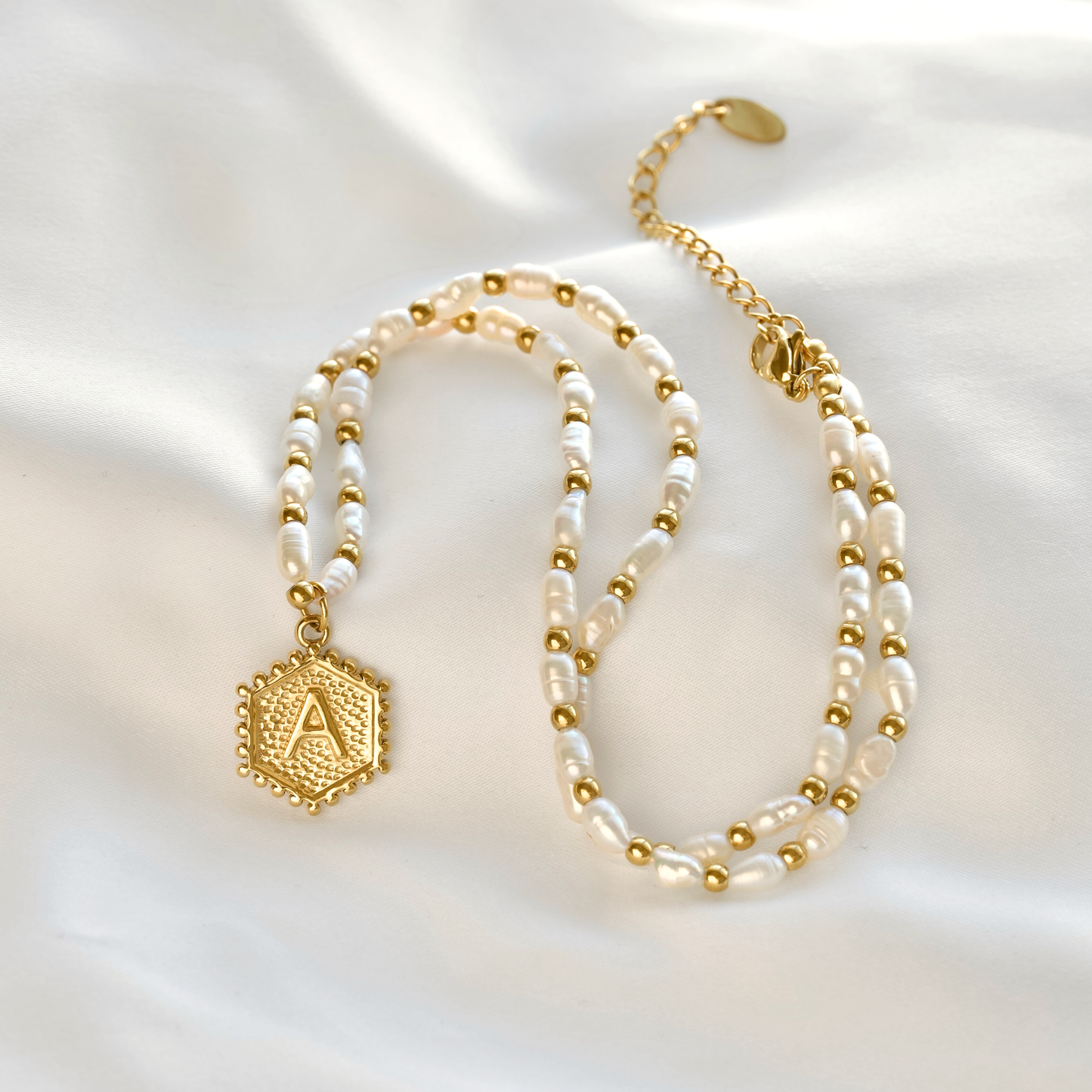 Hexagon Initial Necklace - Stainless Steel & Natural Pearl