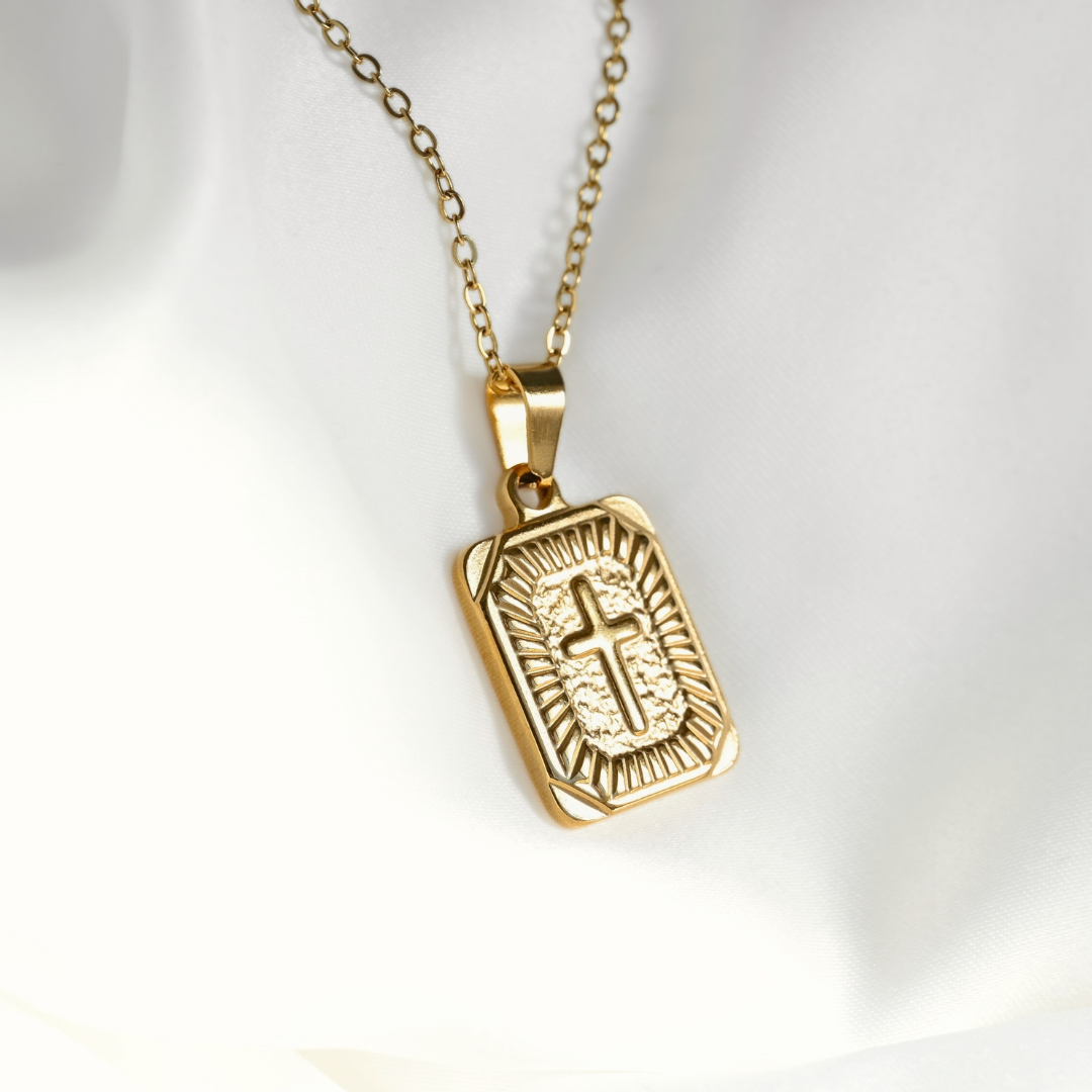 Textured Cross Tablet Necklace - 18k Gold Stainless Steel