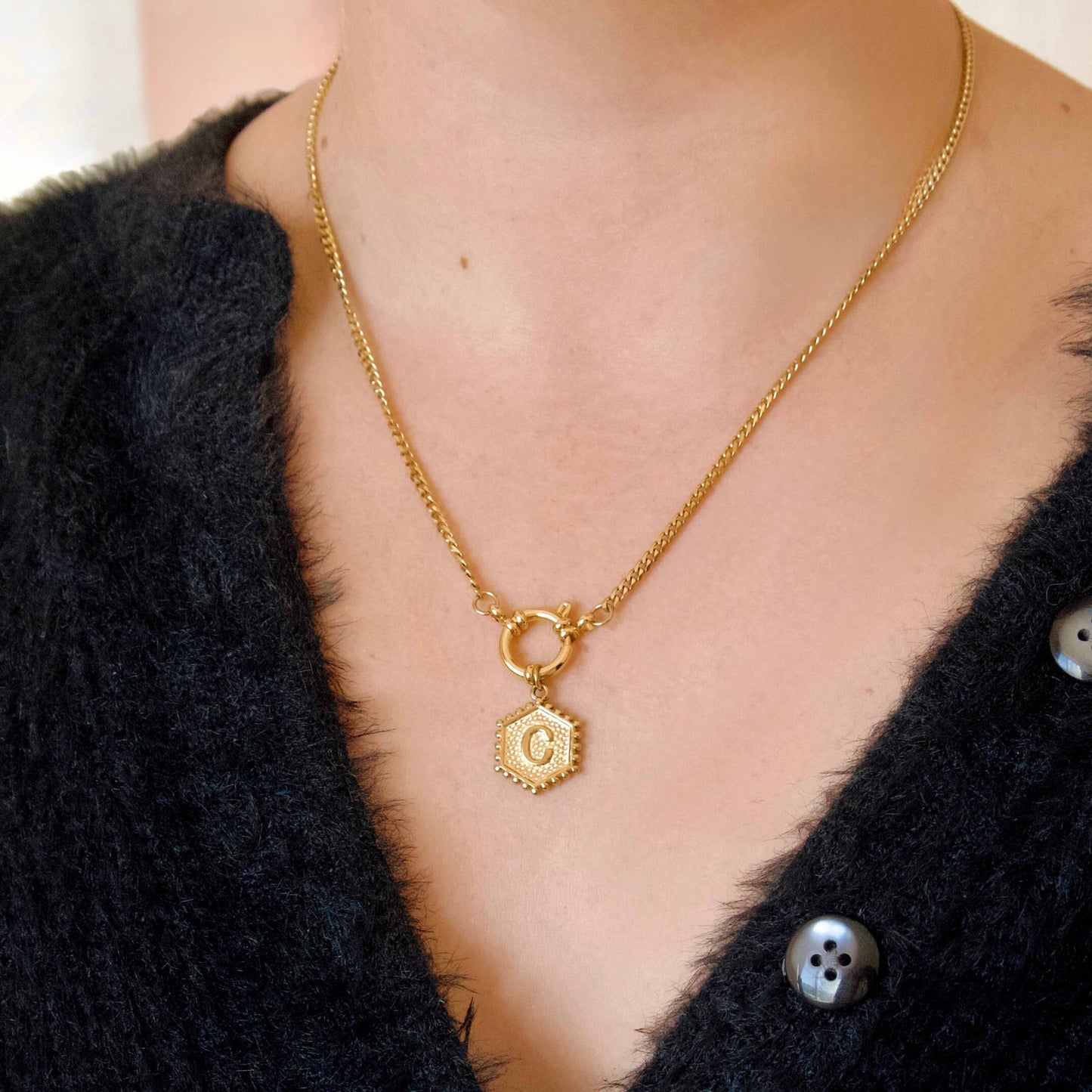 Hexagon Initial Necklace - Stainless Steel & Natural Pearl