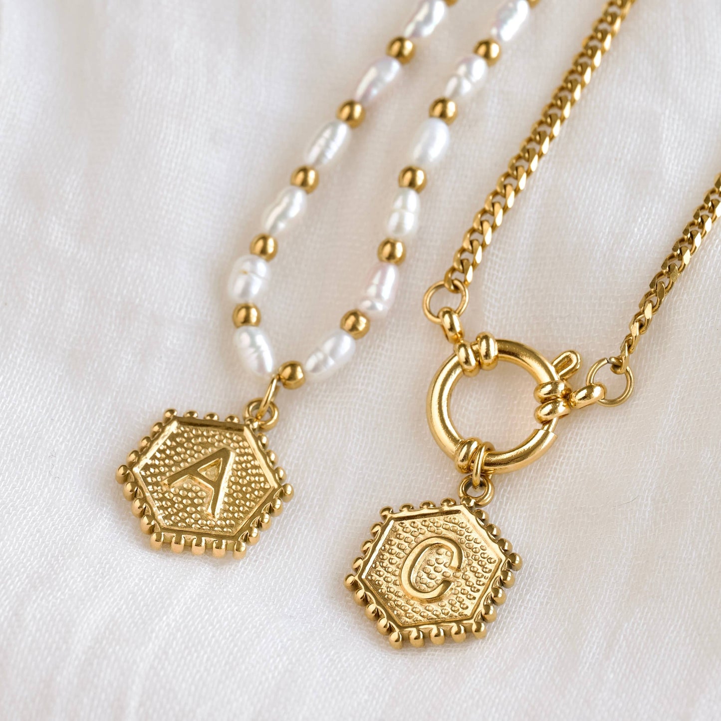 Hexagon Initial Necklace - Stainless Steel & Natural Pearl