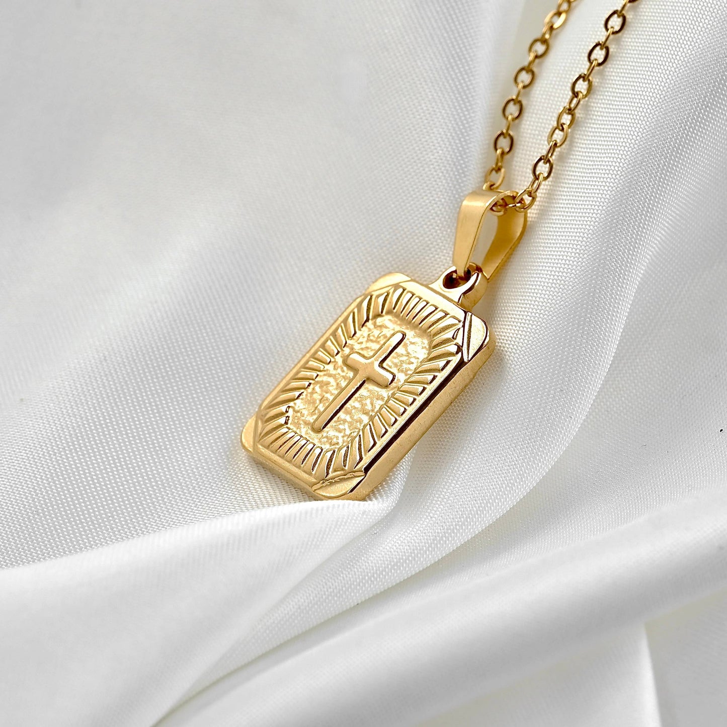 Textured Cross Tablet Necklace - 18k Gold Stainless Steel