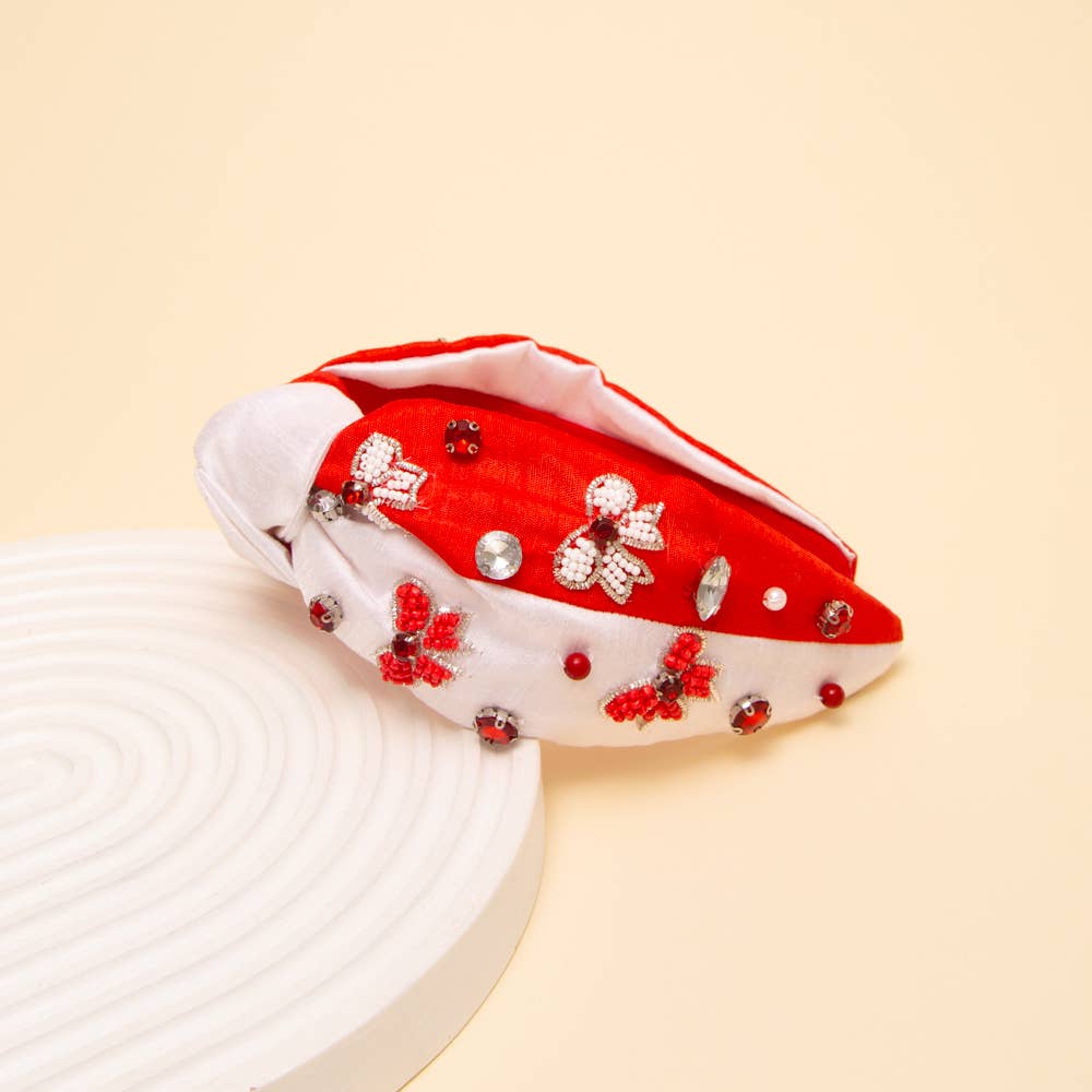 Game Day Bow Crystal Seed Beaded Top Knotted Fabric Headband