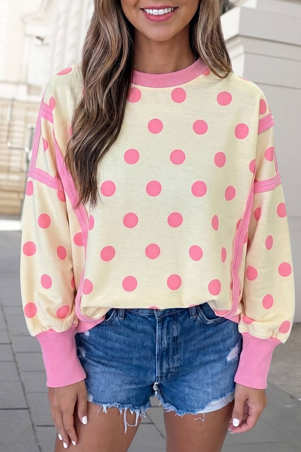 Polka Dot Contrast Trim Long SLeeve Sweatshirt | S-XL