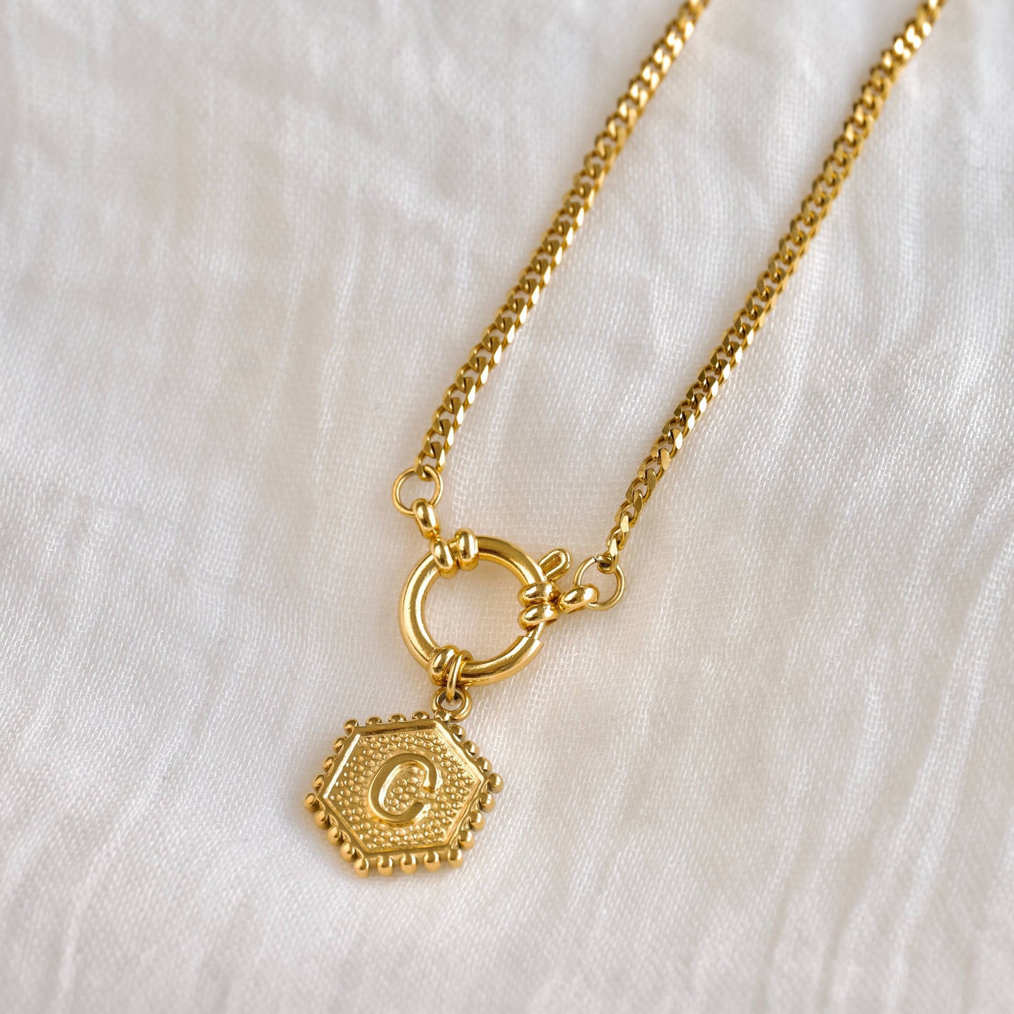 Hexagon Initial Necklace - Stainless Steel & Natural Pearl
