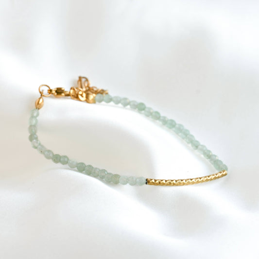 Sage Beaded Gold Bracelet - 18k Gold Hammered Bar Bracelet
