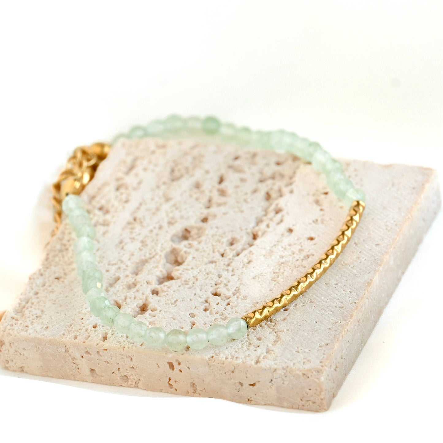 Sage Beaded Gold Bracelet - 18k Gold Hammered Bar Bracelet