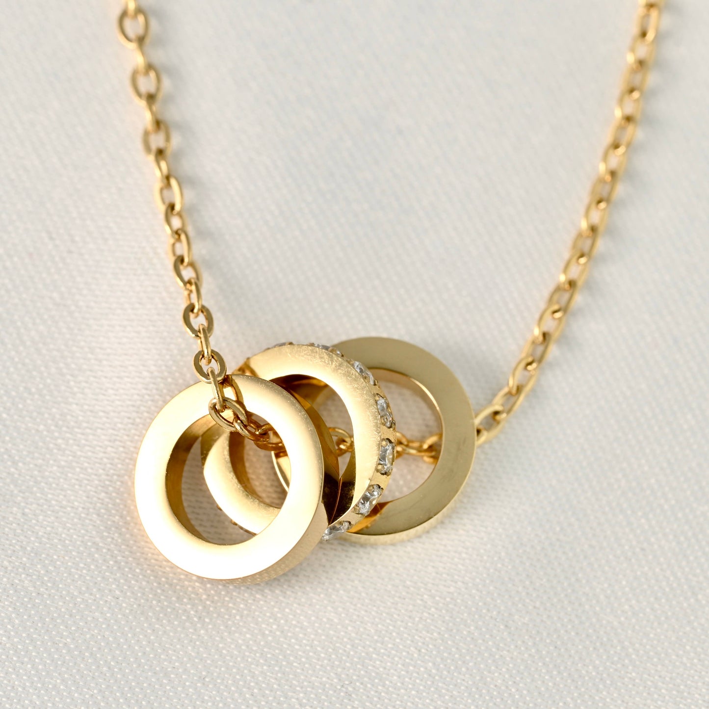 Gold Triple Ring Necklace - Stainless Steel Circle Pendant