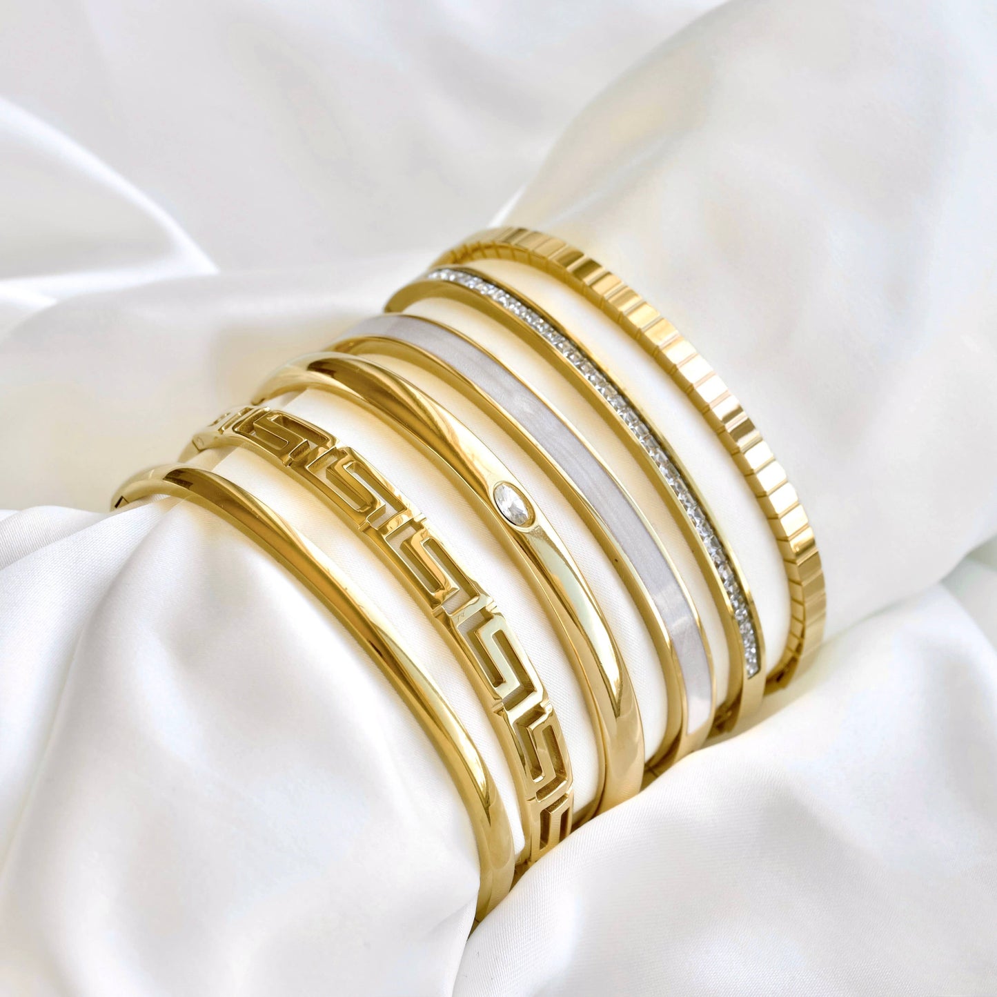 Mixed Motif Gold Hinged Bangle Set - Stainless Steel