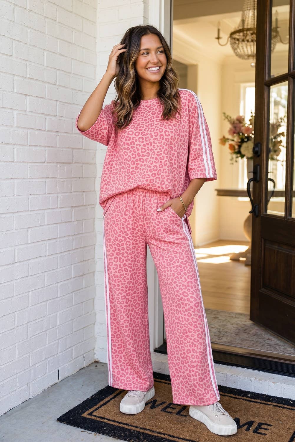 Leopard Side Striped Pants Set