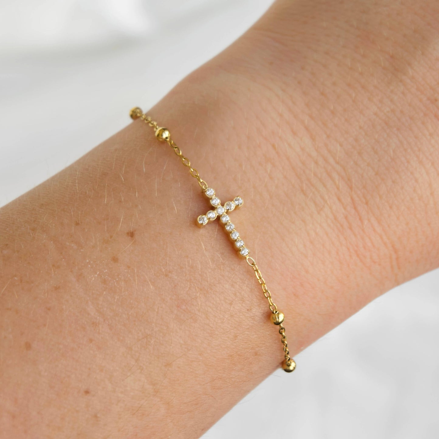 Dainty Gold CZ Cross Bracelet - Waterproof Stainless Steel