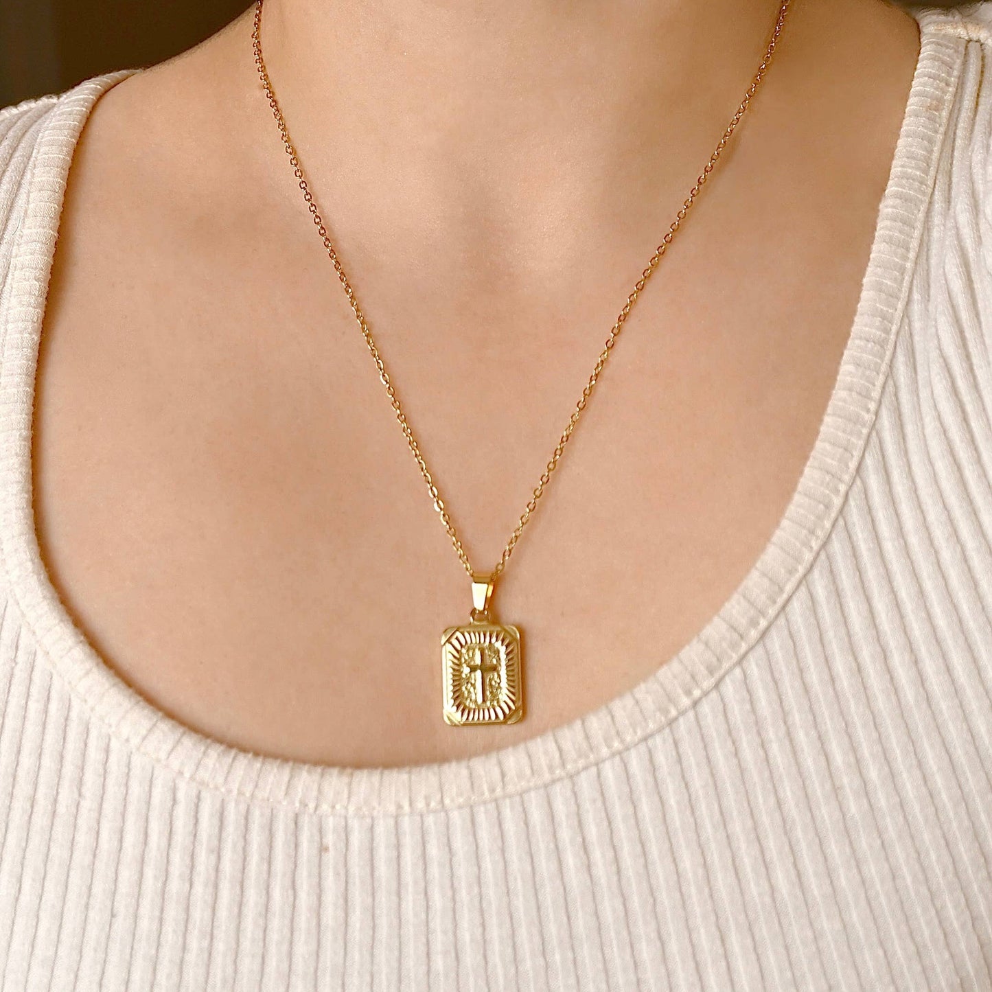 Textured Cross Tablet Necklace - 18k Gold Stainless Steel