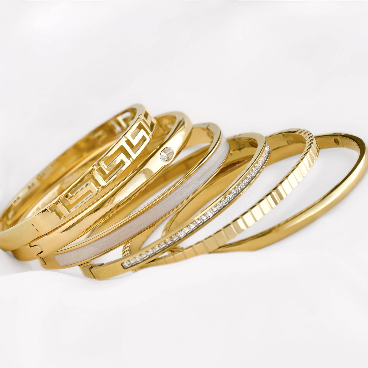 Mixed Motif Gold Hinged Bangle Set - Stainless Steel