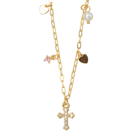 Kids 18K Gold Plated Necklace with Gold Cross and Charms