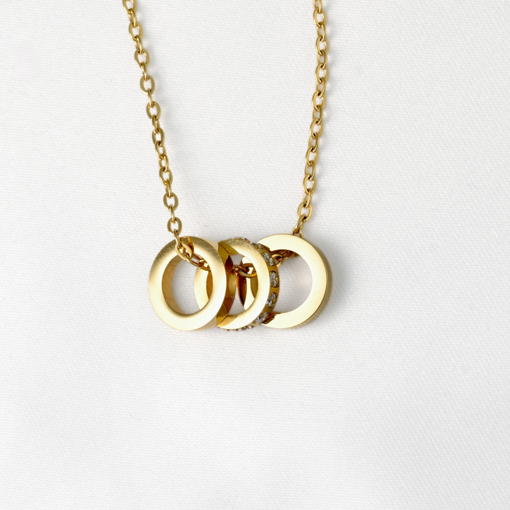 Gold Triple Ring Necklace - Stainless Steel Circle Pendant