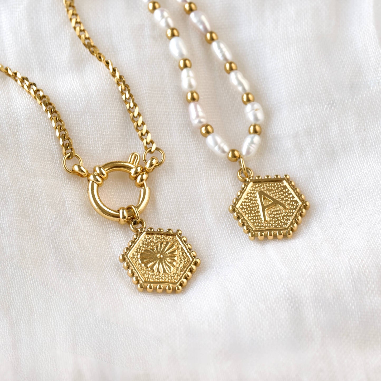 Hexagon Initial Necklace - Stainless Steel & Natural Pearl