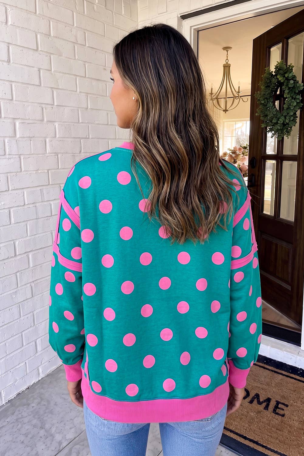 LAS Polka Dot Patchwork Split Hem Casual Sweatshirt (S-XL)