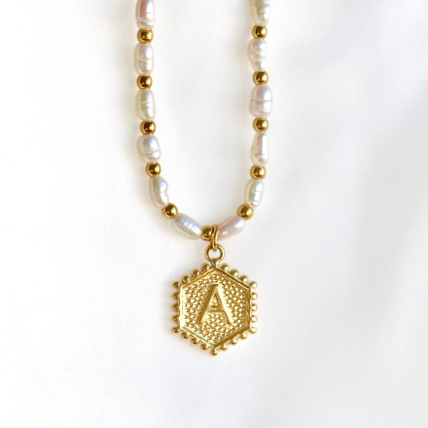 Hexagon Initial Necklace - Stainless Steel & Natural Pearl
