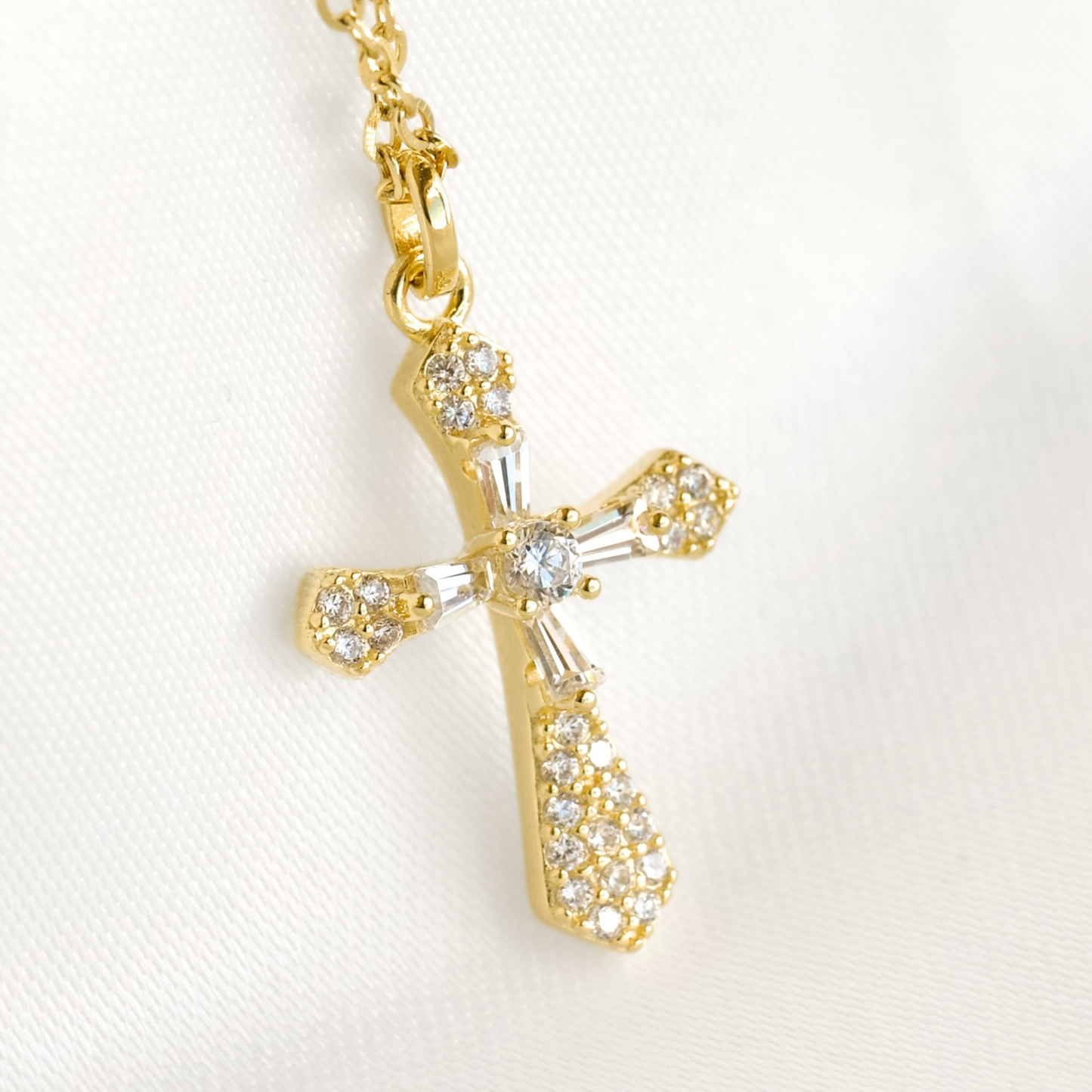 Mixed Cut CZ Ornate Cross Necklace - 925 Sterling Silver