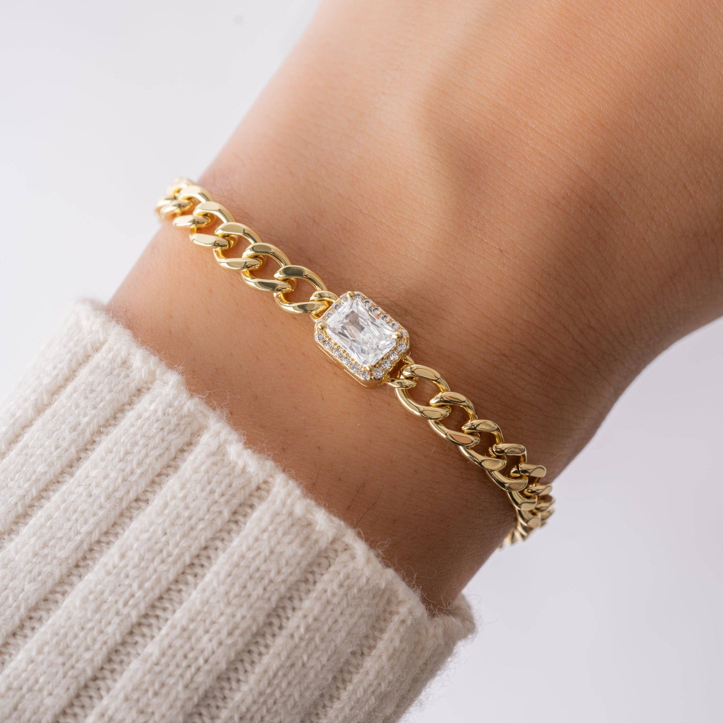 Emerald Cut Halo Pendant Cuban Chain Bracelet