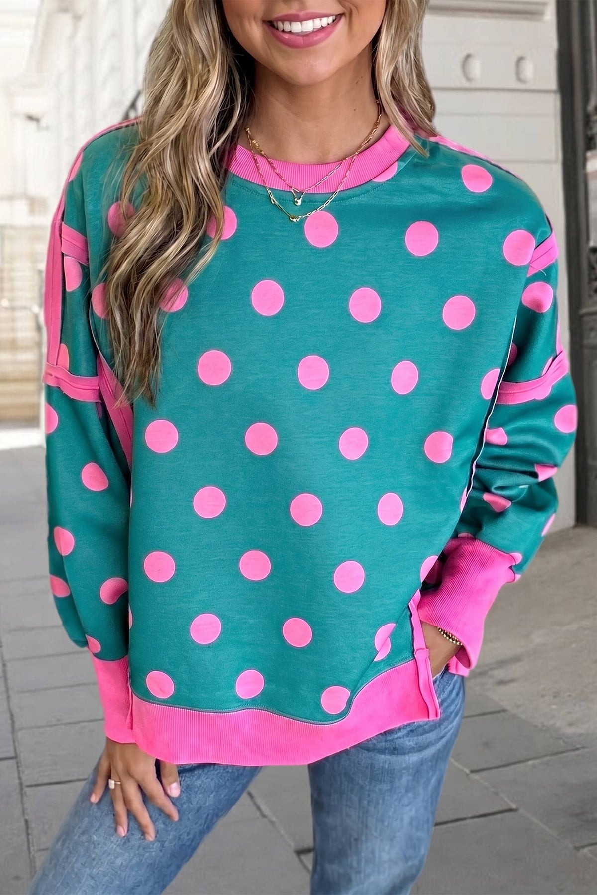 Polka Dot Contrast Trim Long SLeeve Sweatshirt | S-XL