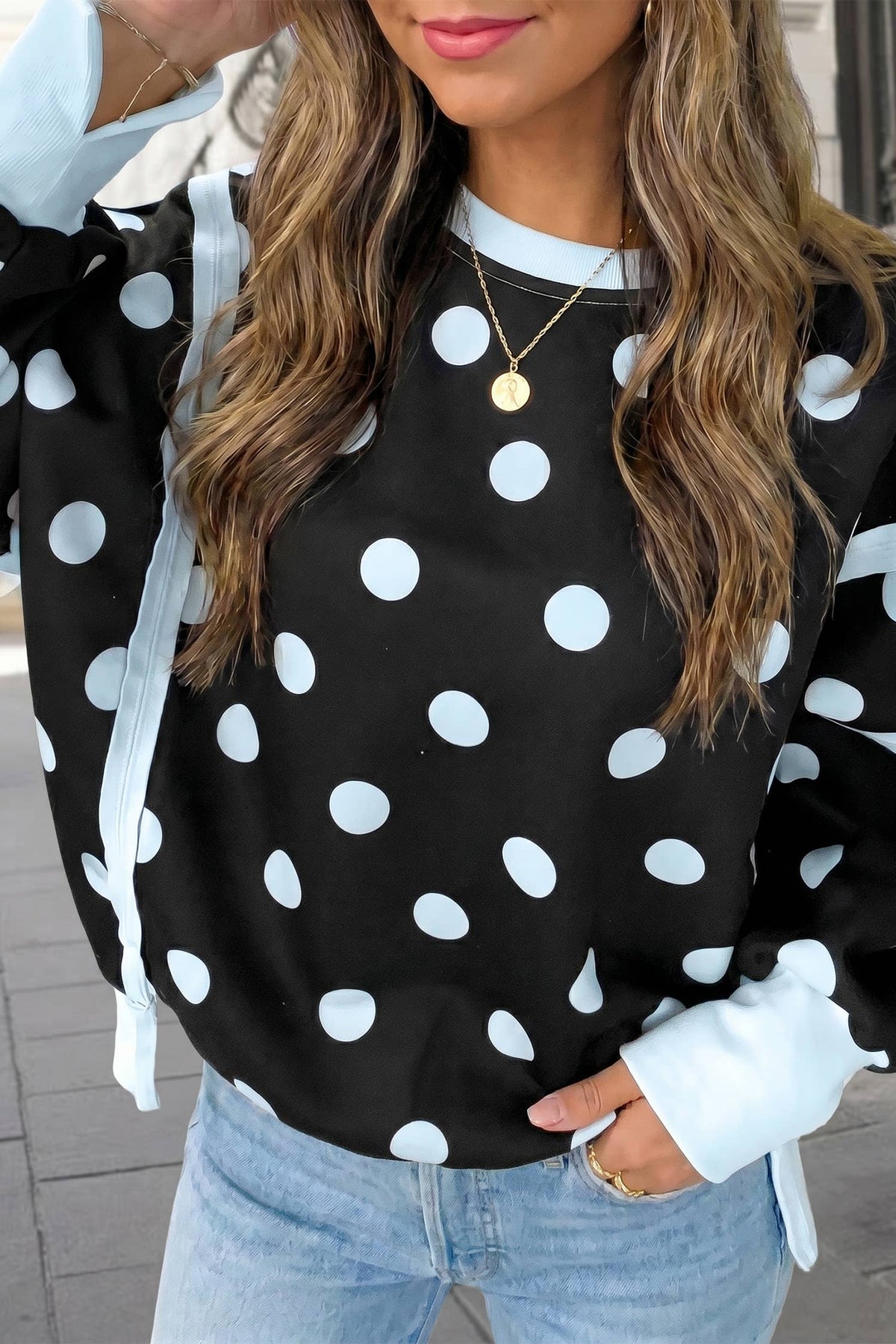 Polka Dot Contrast Trim Long SLeeve Sweatshirt | S-XL