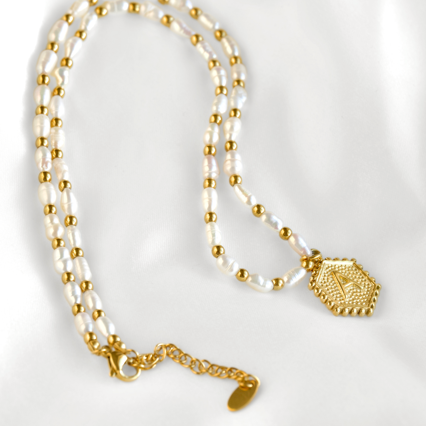 Hexagon Initial Necklace - Stainless Steel & Natural Pearl