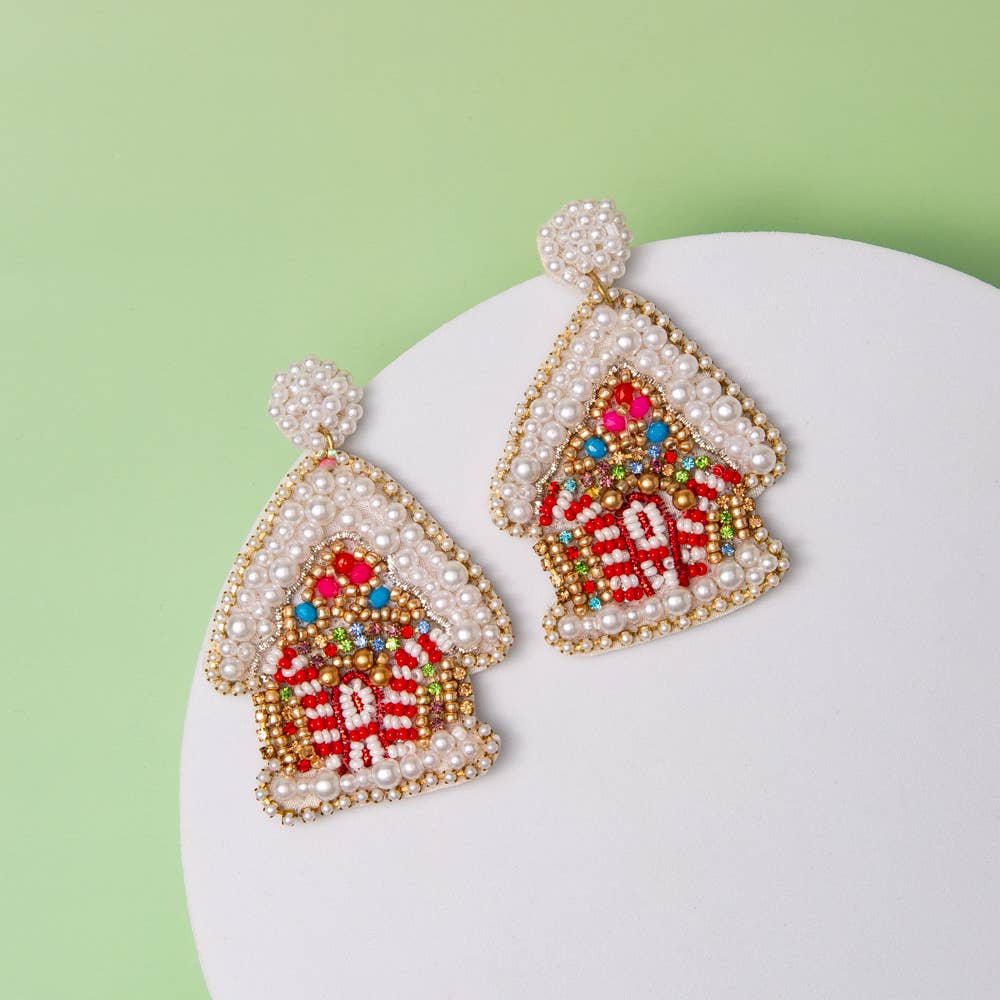 Gingerbread House Seed Beaded Dangle Earrings