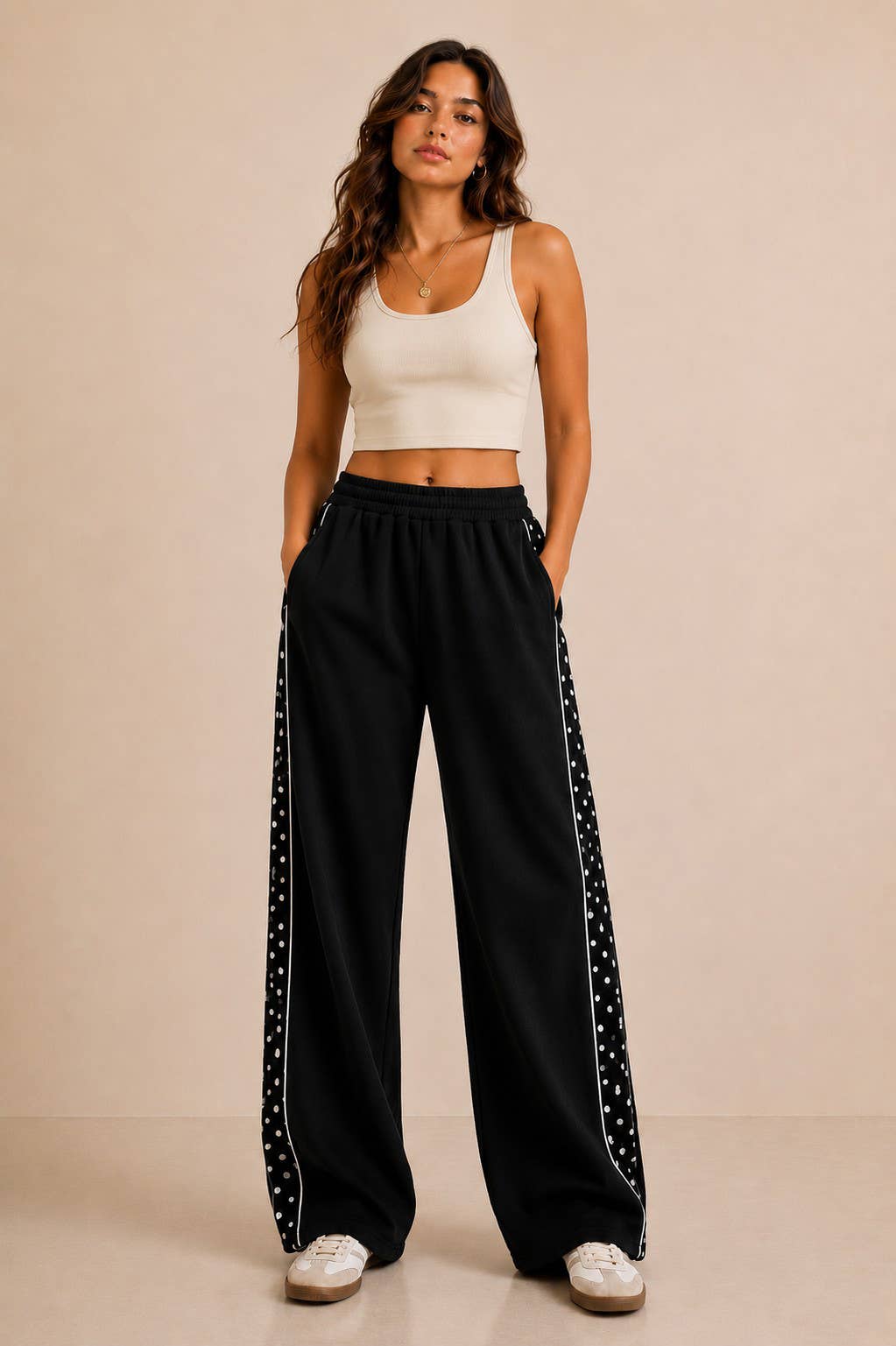 POLKA DOT SIDE STRIPE WIDE LEG SWEATPANTS