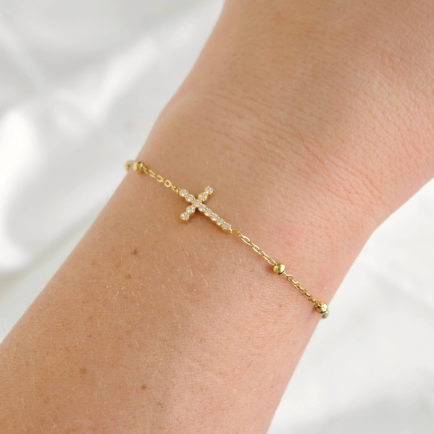 Dainty Gold CZ Cross Bracelet - Waterproof Stainless Steel