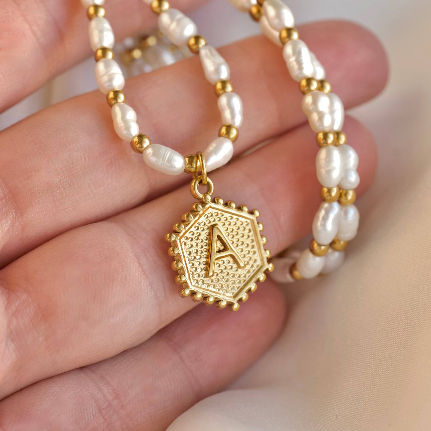 Hexagon Initial Necklace - Stainless Steel & Natural Pearl