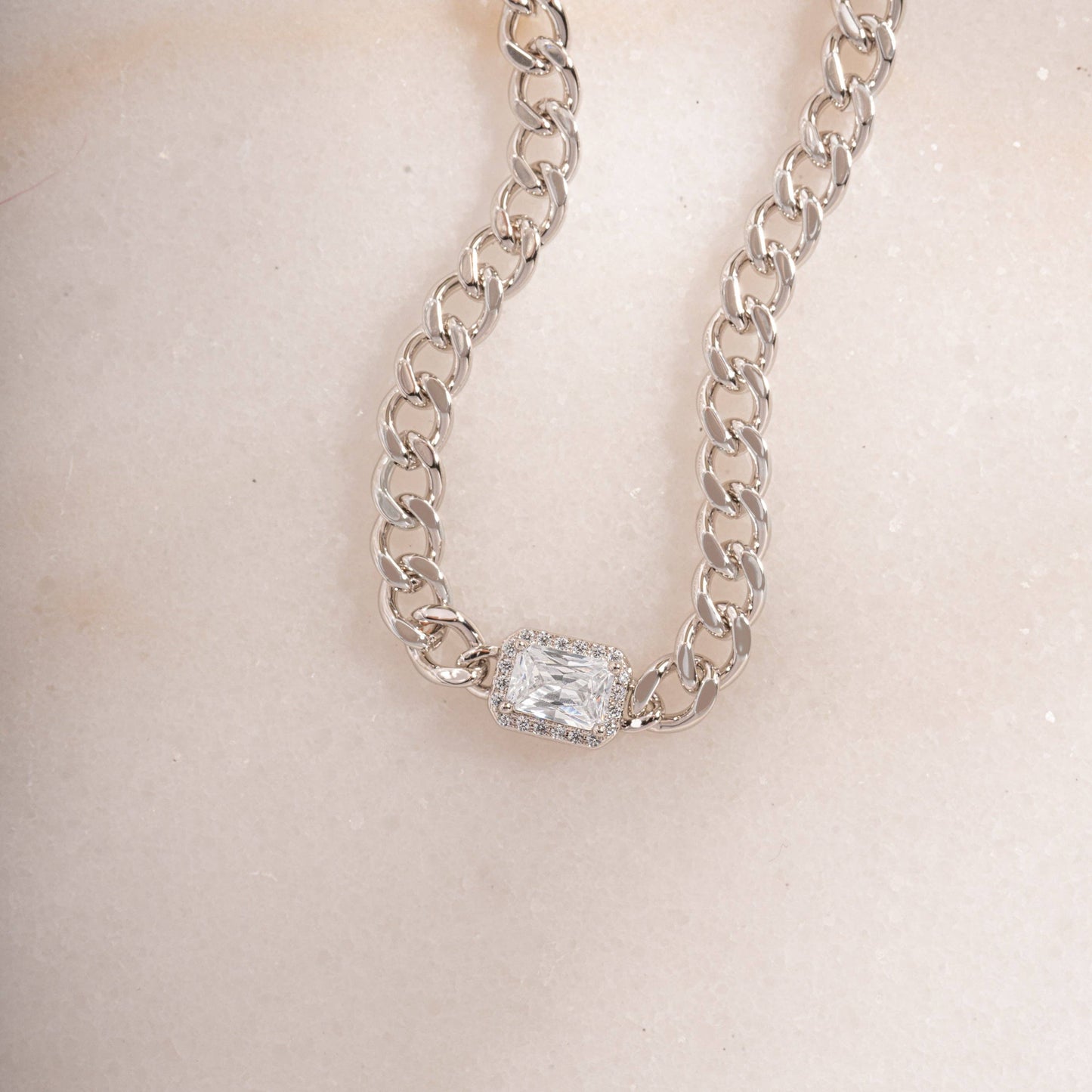 Emerald Cut Halo Pendant Cuban Chain Bracelet