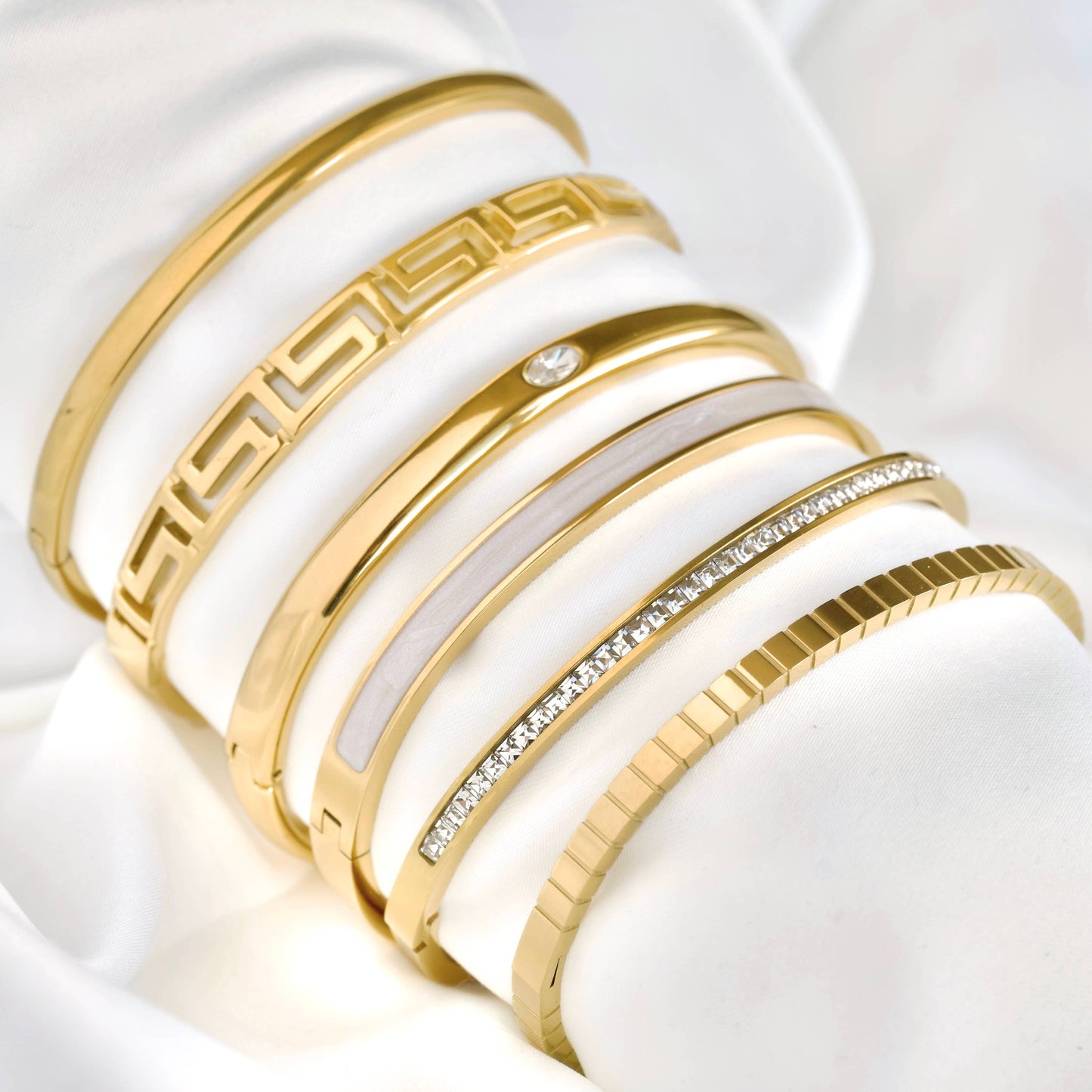 Mixed Motif Gold Hinged Bangle Set - Stainless Steel