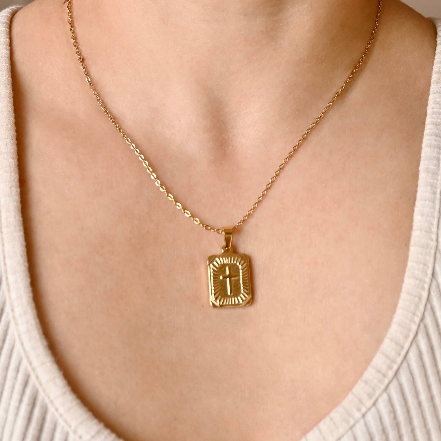 Textured Cross Tablet Necklace - 18k Gold Stainless Steel