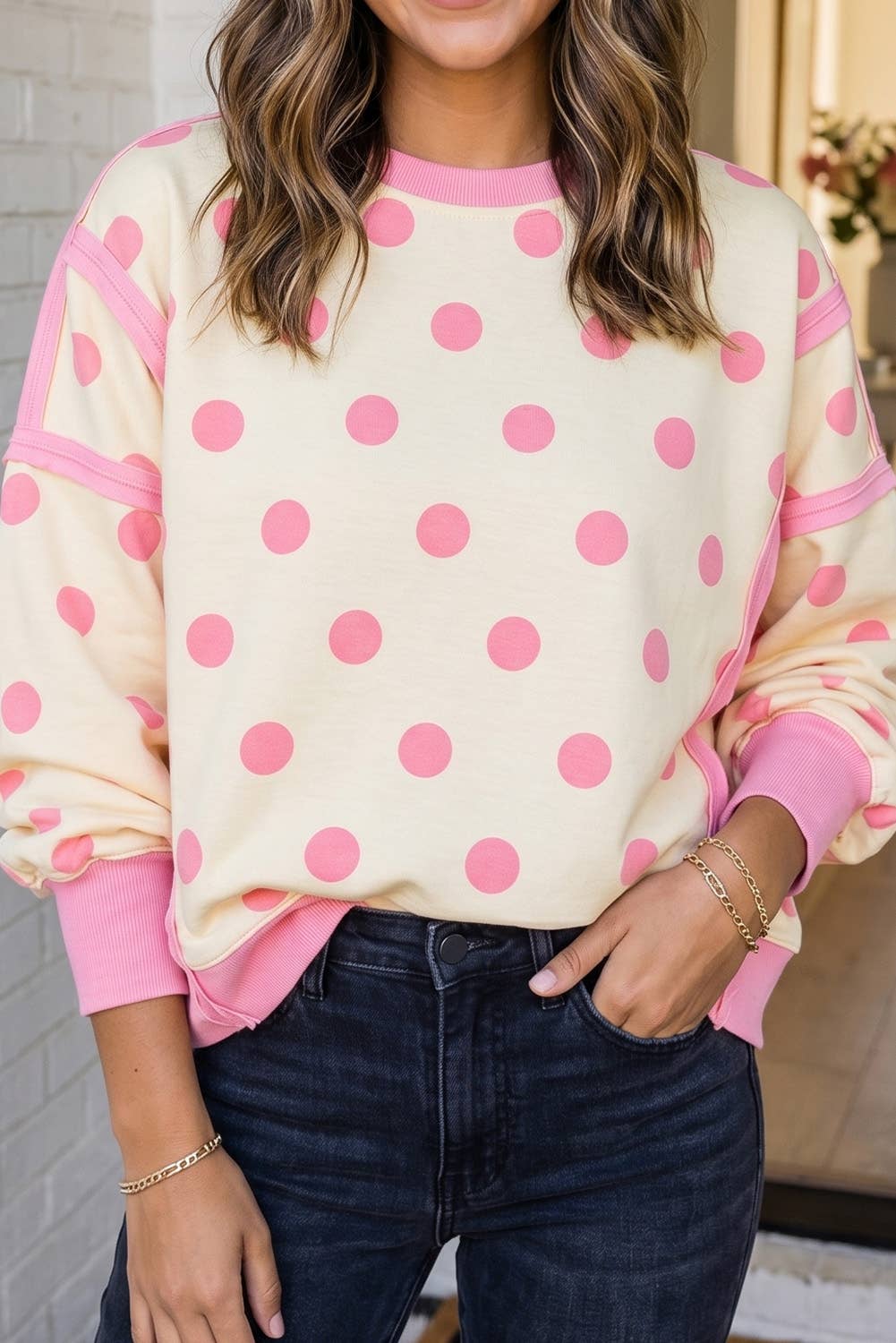 LAS Polka Dot Patchwork Split Hem Casual Sweatshirt (S-XL)