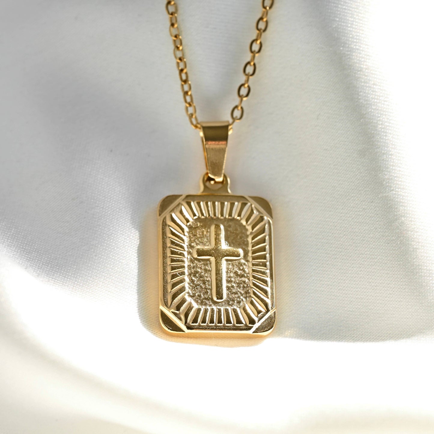 Textured Cross Tablet Necklace - 18k Gold Stainless Steel