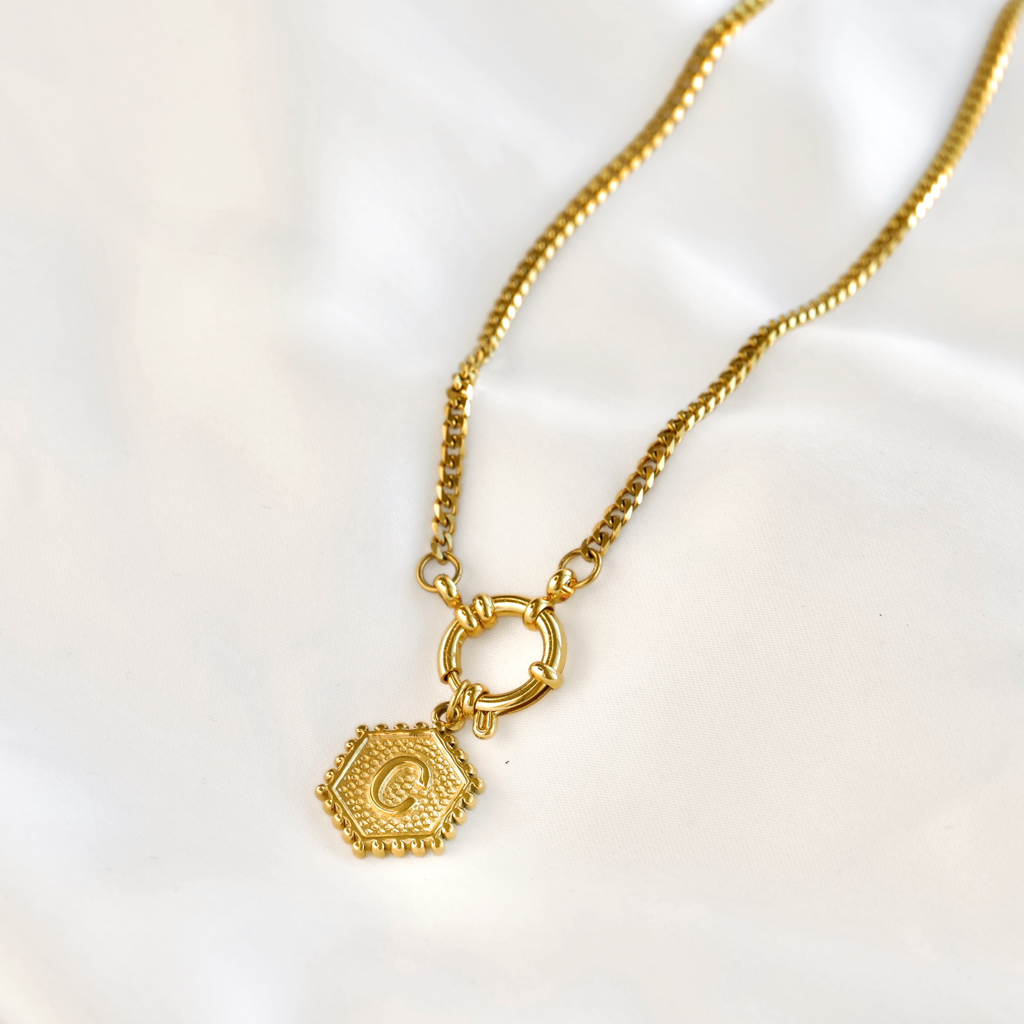 Hexagon Initial Necklace - Stainless Steel & Natural Pearl