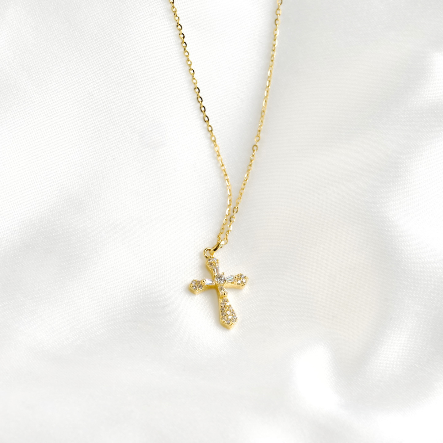 Mixed Cut CZ Ornate Cross Necklace - 925 Sterling Silver