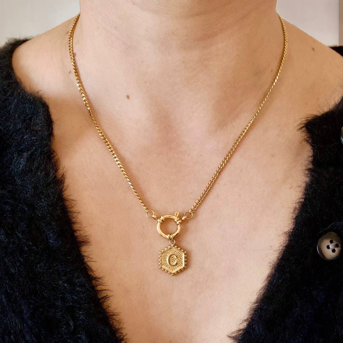 Hexagon Initial Necklace - Stainless Steel & Natural Pearl