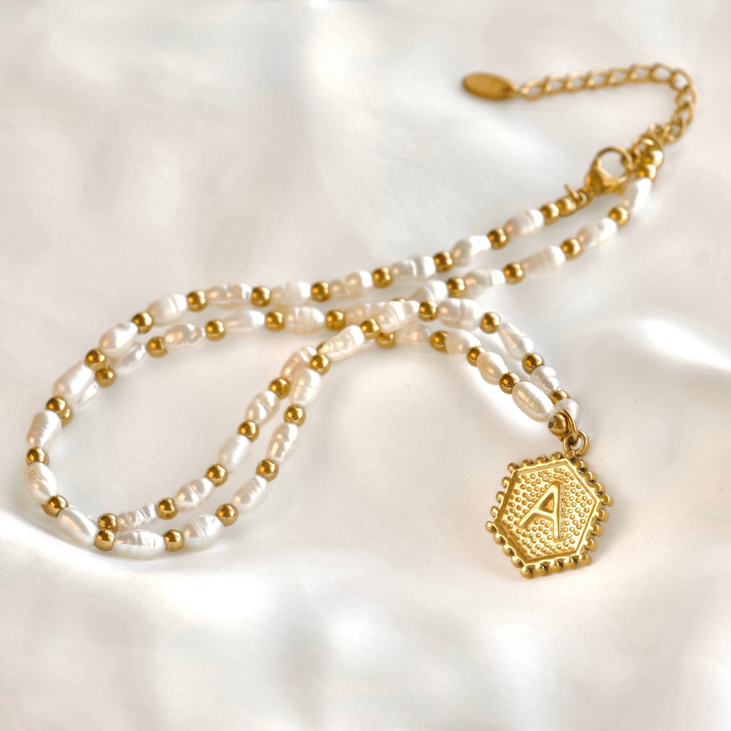 Hexagon Initial Necklace - Stainless Steel & Natural Pearl