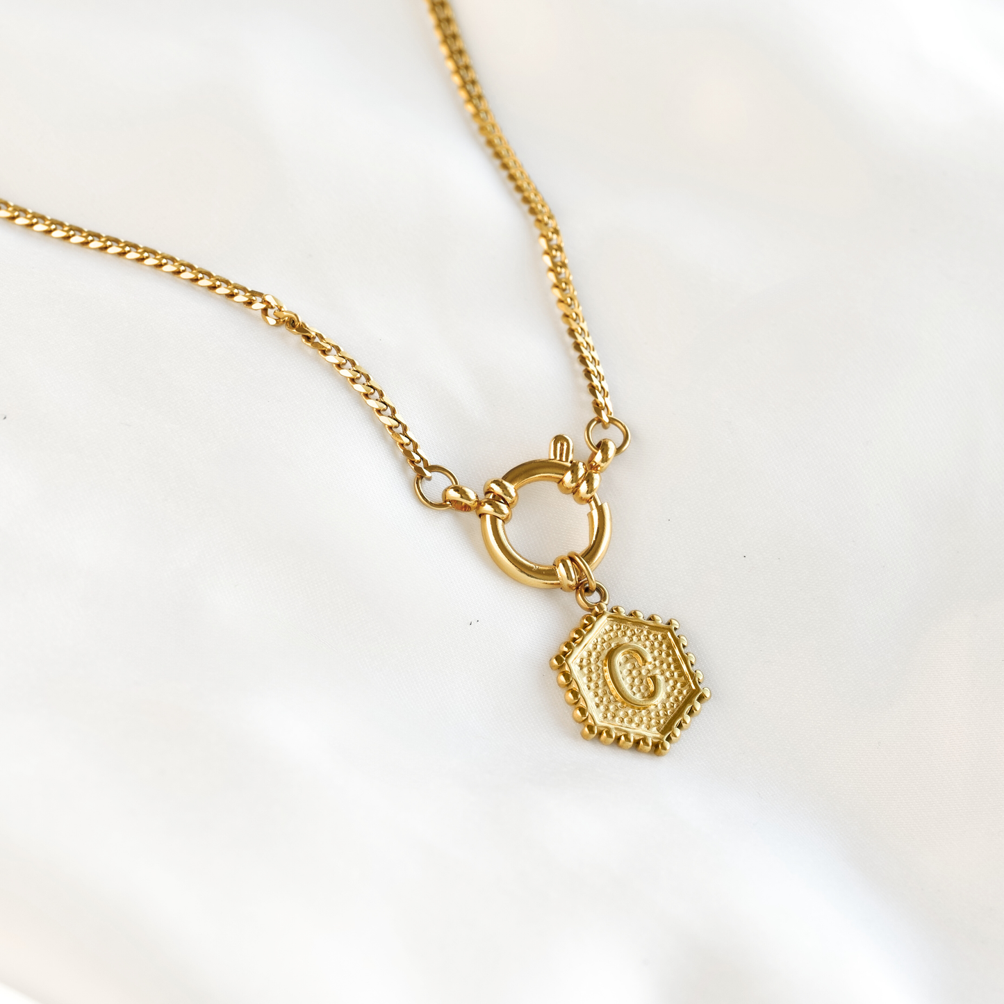 Hexagon Initial Necklace - Stainless Steel & Natural Pearl