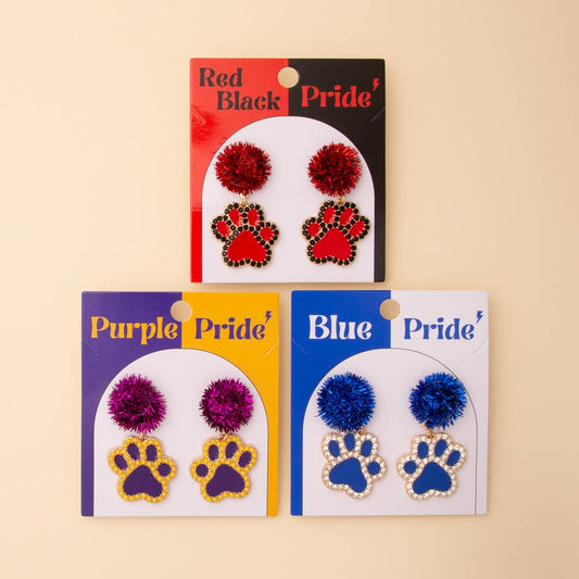 Game Day Dog Paw Dangle Earrings with Pom and Rhinestone