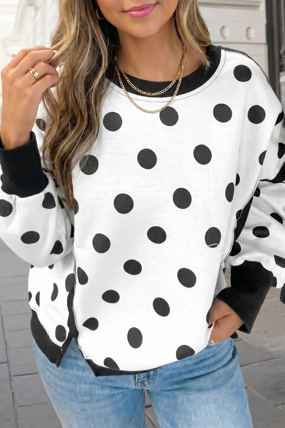 Polka Dot Contrast Trim Long SLeeve Sweatshirt | S-XL