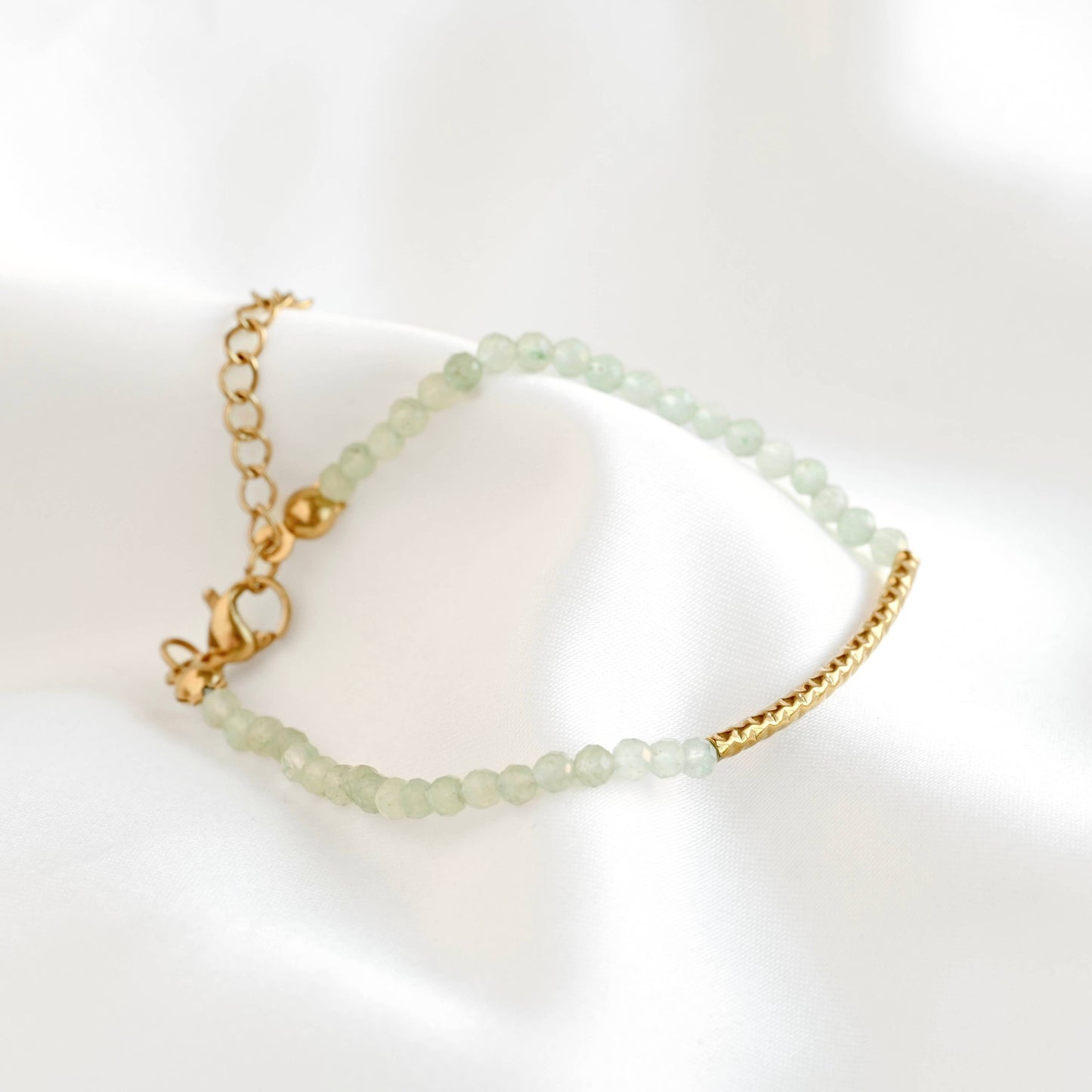 Sage Beaded Gold Bracelet - 18k Gold Hammered Bar Bracelet