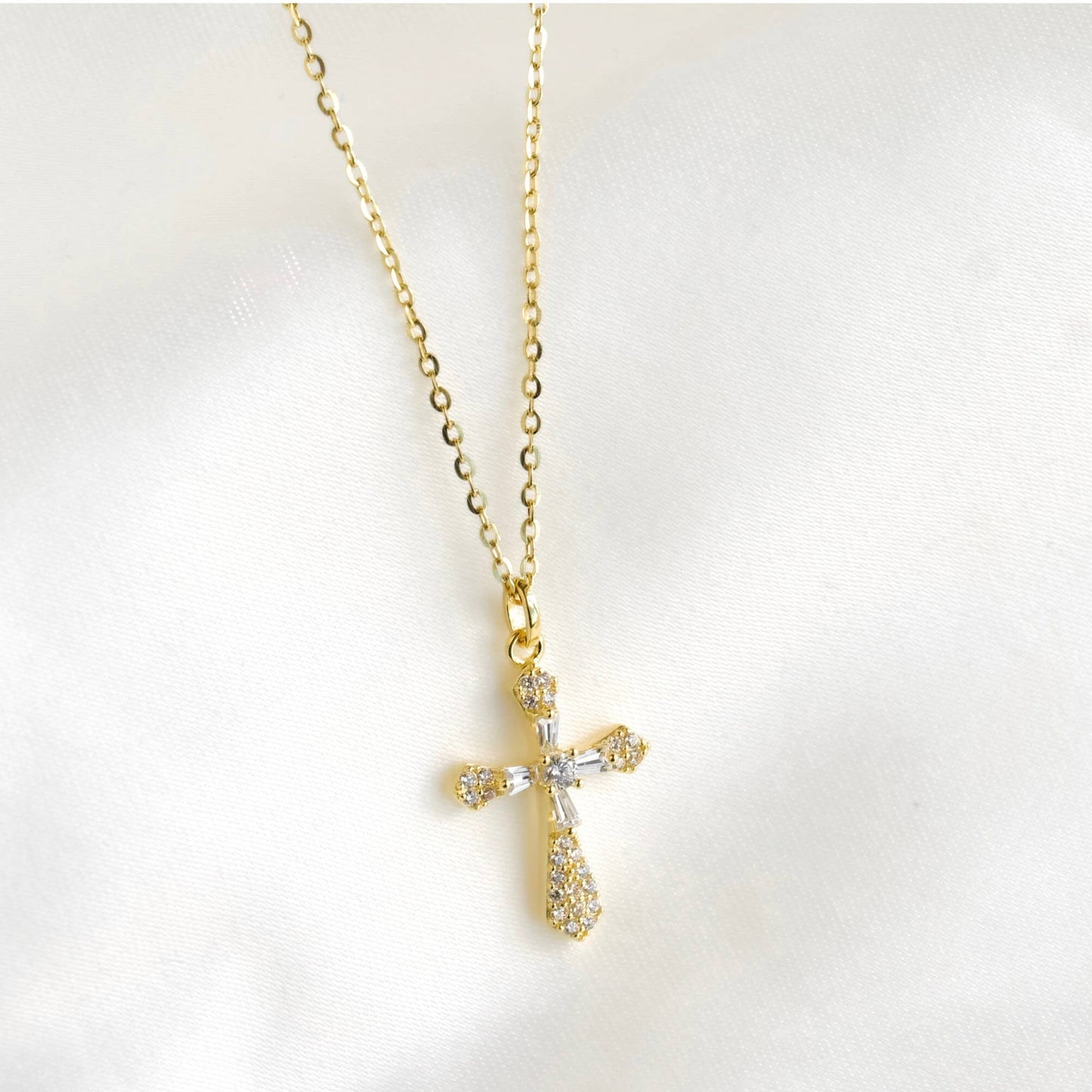 Mixed Cut CZ Ornate Cross Necklace - 925 Sterling Silver