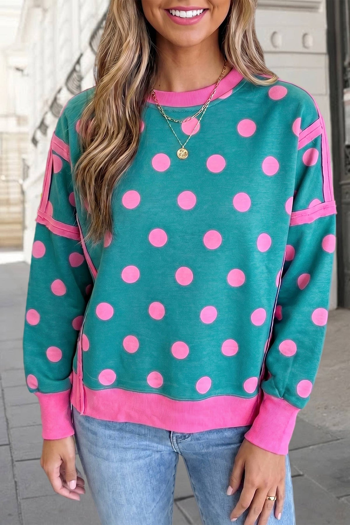 Polka Dot Contrast Trim Long SLeeve Sweatshirt | S-XL