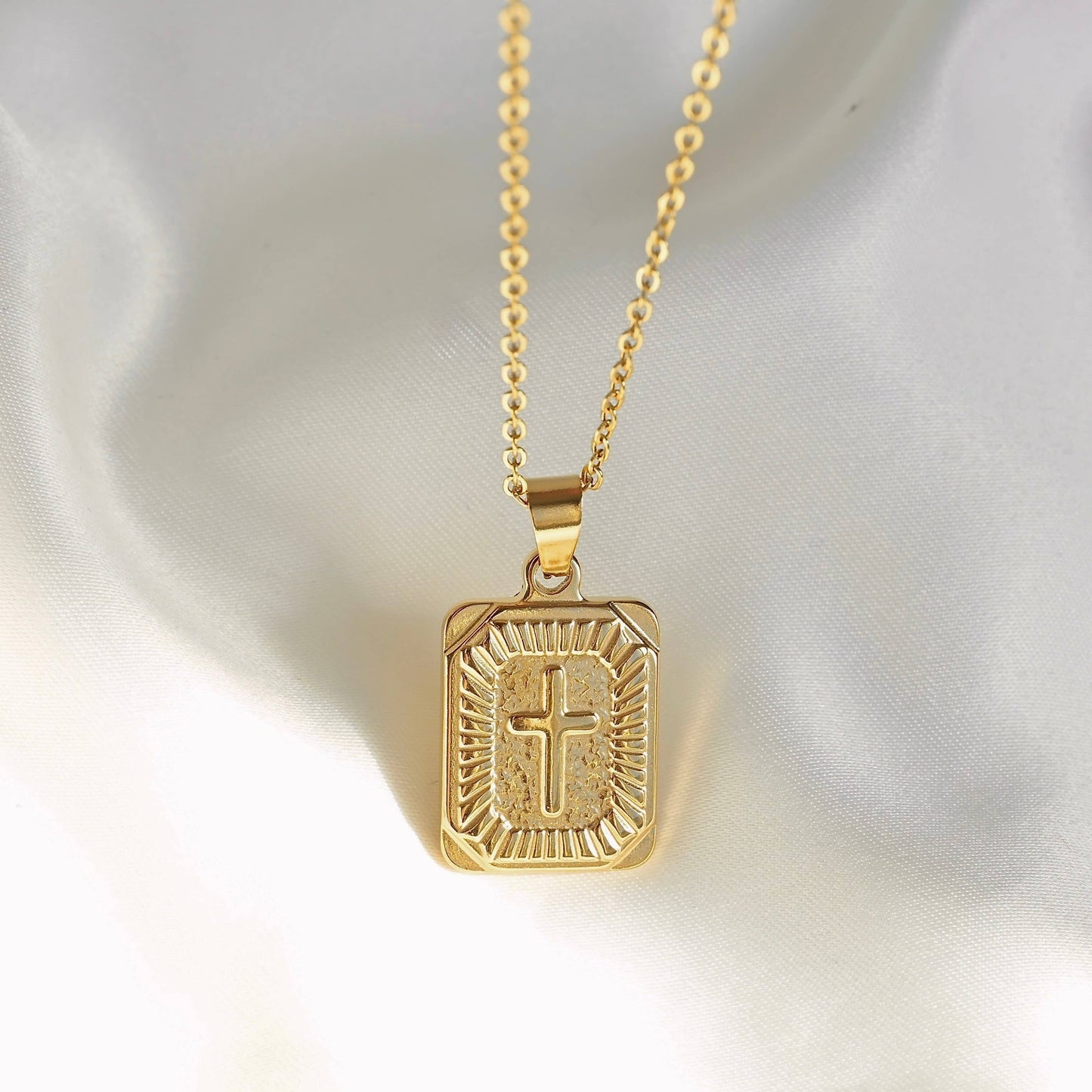 Textured Cross Tablet Necklace - 18k Gold Stainless Steel