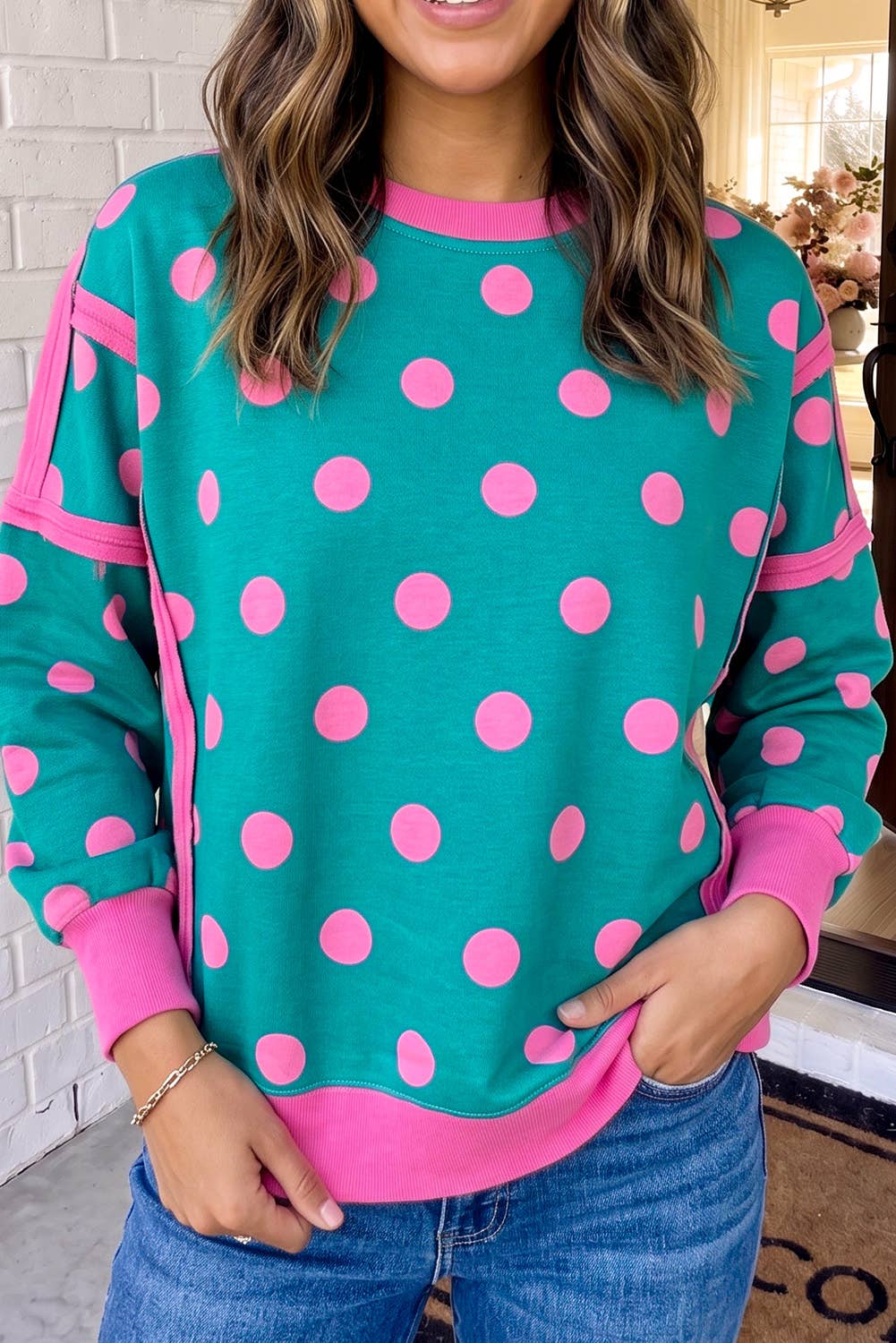 LAS Polka Dot Patchwork Split Hem Casual Sweatshirt (S-XL)