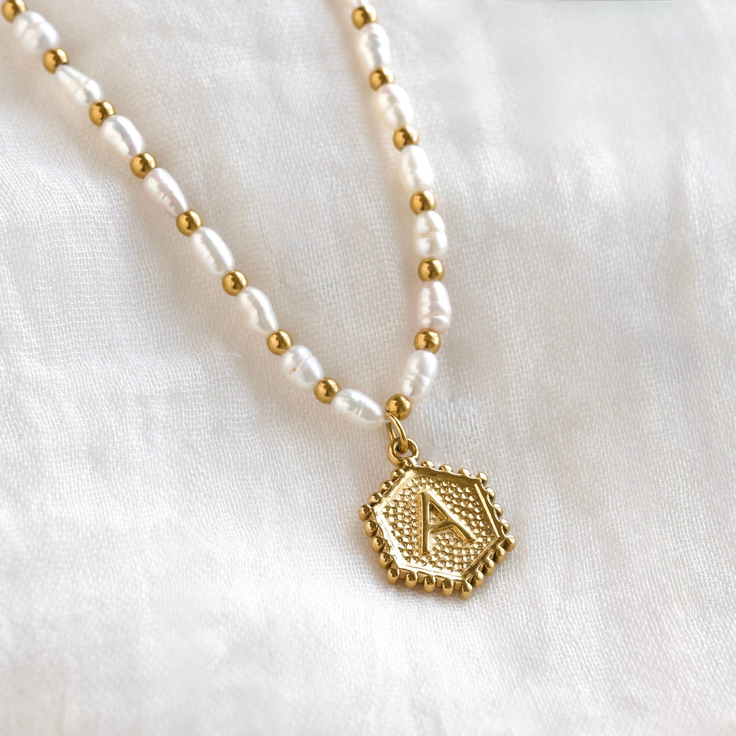 Hexagon Initial Necklace - Stainless Steel & Natural Pearl