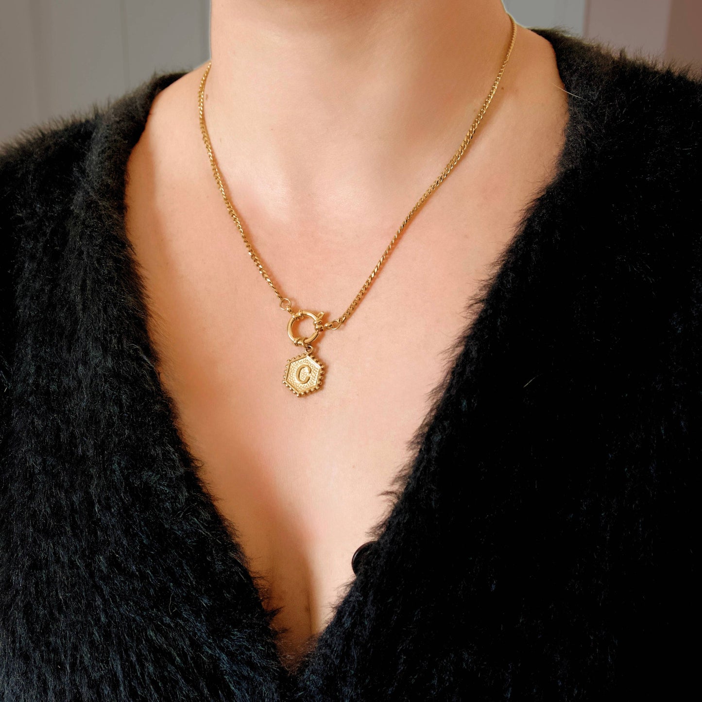 Hexagon Initial Necklace - Stainless Steel & Natural Pearl