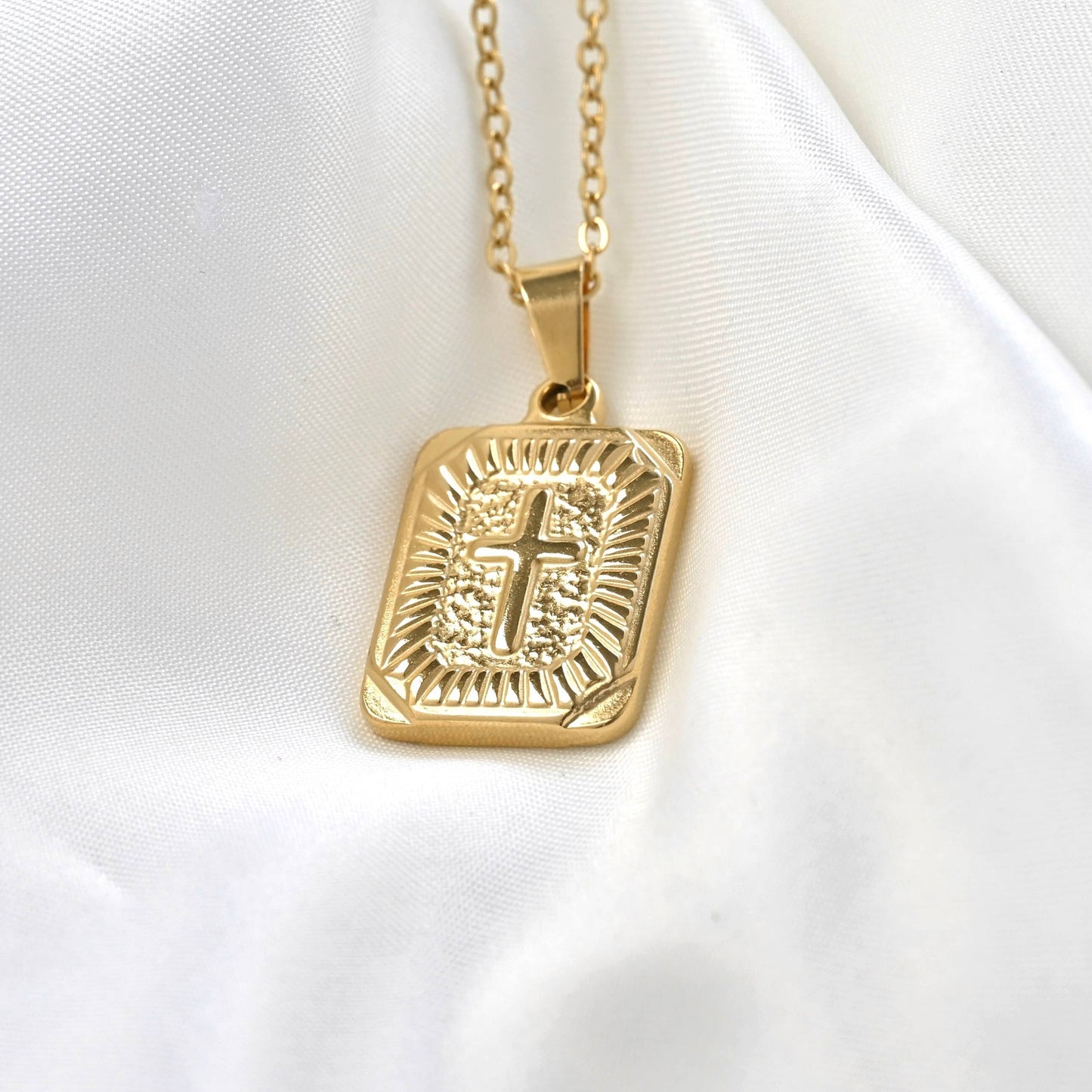 Textured Cross Tablet Necklace - 18k Gold Stainless Steel